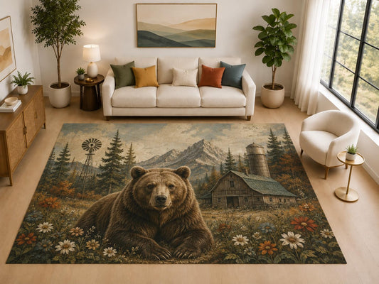 ICE ARMOR "Ultra Light Weight Large 6'7" x 9'10" Bear Farm Barn Rug for Family Room, Soft Low Pile Indoor Rug and Non-Slip Silicone Backing, Brown