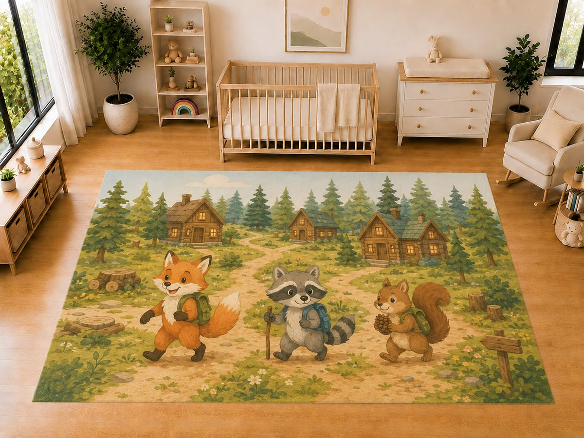 ICE ARMOR "Ultra Light Weight Large 6'7 x 9'10 Woodland Village Animals Area Rug for Kids Room Nursery Playroom Soft Low Pile Indoor Carpet Forest Adventure Floor Decor