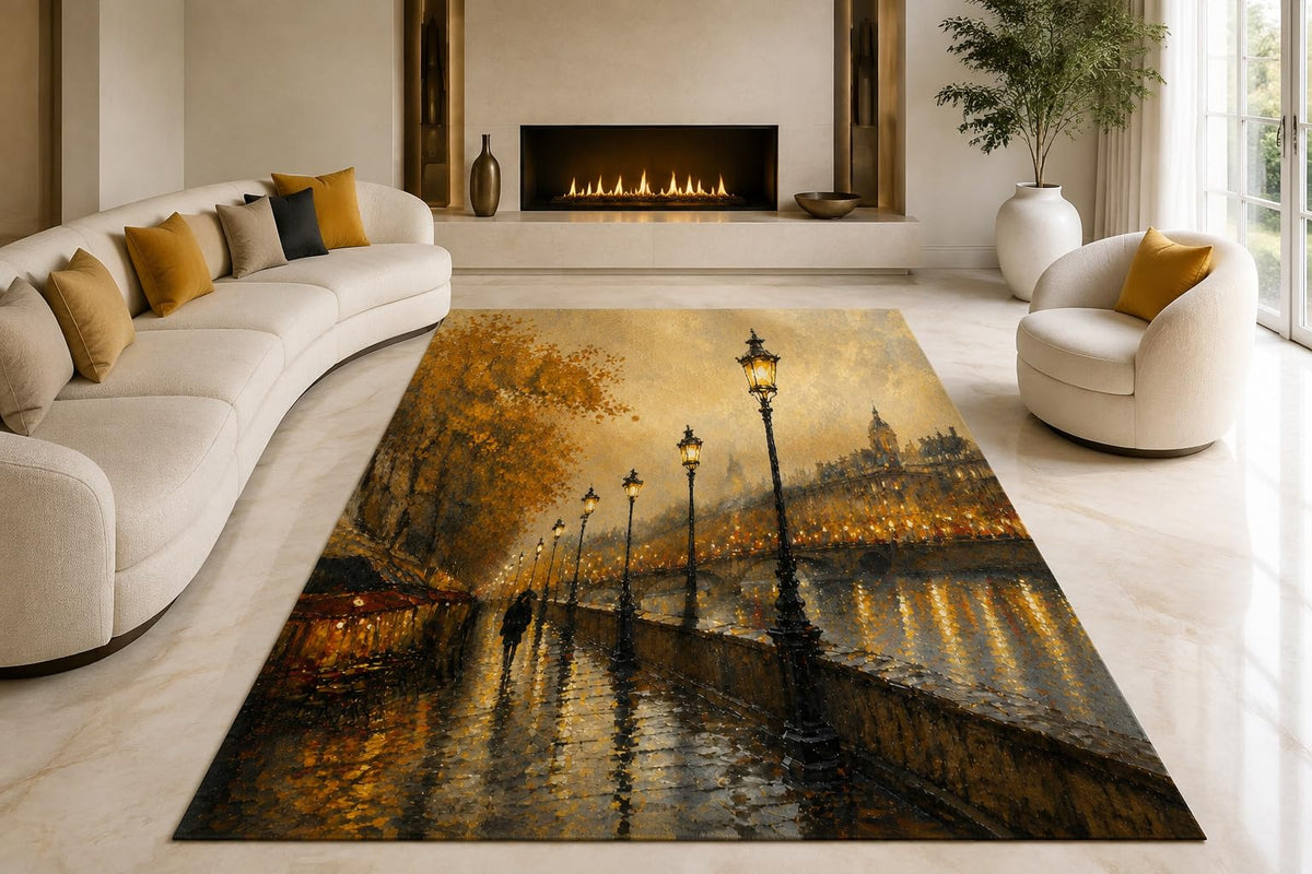 ICE ARMOR "Ultra Lightweight Large 6'7" x 9'10" Rainy Paris Bridge Area Rug for Living Room, Bedroom and Home Office, Soft Low Pile Carpet with Non-Slip Silicone Backing, Black and Amber