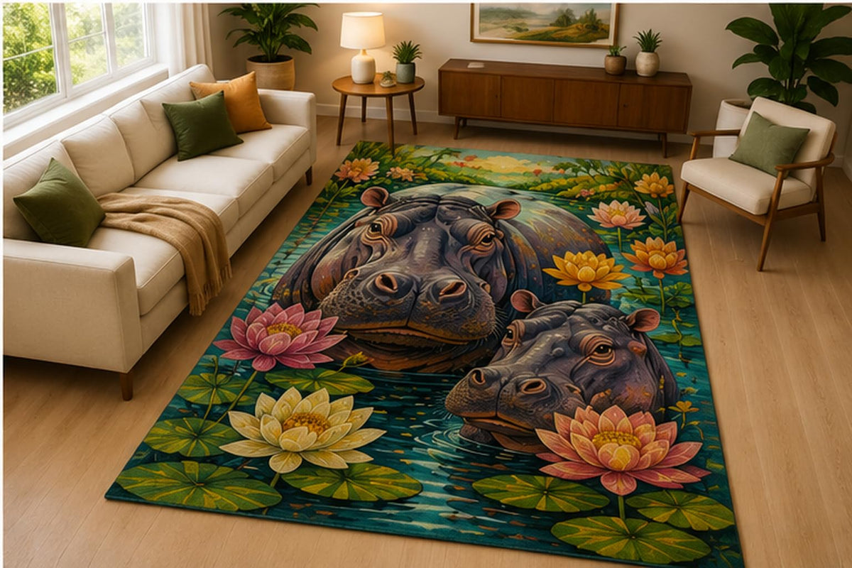 ICE ARMOR 5' x 7' Hippopotamus Lotus Pond Area Rug Soft Low Pile Indoor Rug with Non Slip Silicone Backing Water Animal Decor Carpet for Living Room Bedroom Family Room Kids and Pets Green