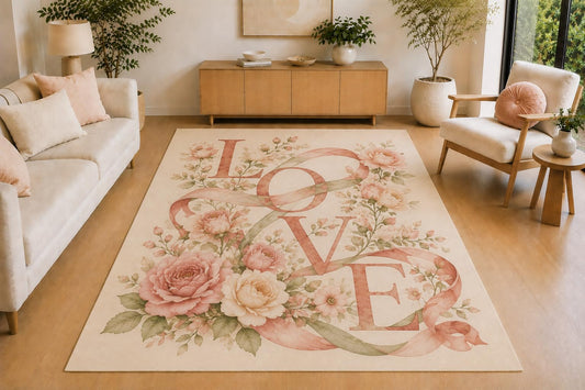 ICE ARMOR 5' x 7' Floral Ribbon Love Area Rug, Soft Low Pile Indoor Rug with Non-Slip Silicone Backing for Living Room, Bedroom, Family Room, Romantic Cottage Decor, Cream Pink Sage