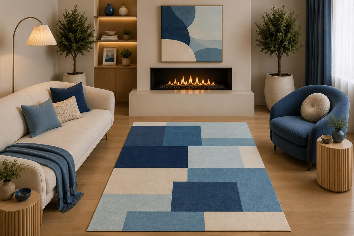 ICE ARMOR 5' x 7' Modern Abstract Area Rug Navy Blue Light Blue Beige Color Block Design for Living Room Bedroom Dining Room Office Non-Slip Silicone Backing Low Pile