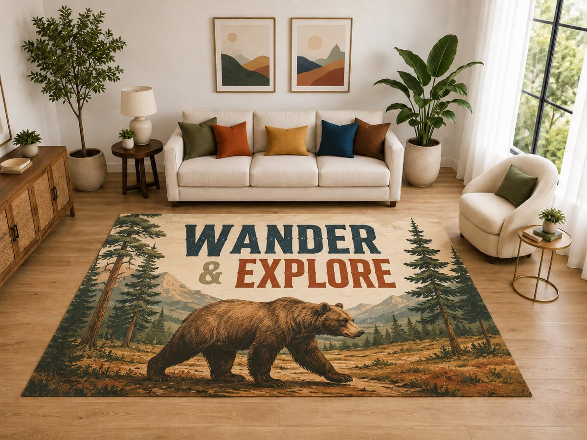 ICE ARMOR "Ultra Light Weight Large 6'7" x 9'10" Wander and Explore Bear Rug, Soft Low Pile Indoor Rug, Non-Slip Silicone Backing for Bedroom Brown