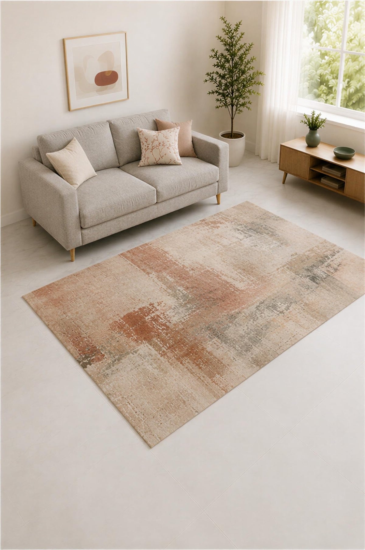 ICE ARMOR "Ultra Lightweight 5' x 7' Tan and Copper Abstract Patchwork Area Rug for Living Room, Bedroom and Home Office, Soft Low Pile Carpet with Non-Slip Silicone Backing