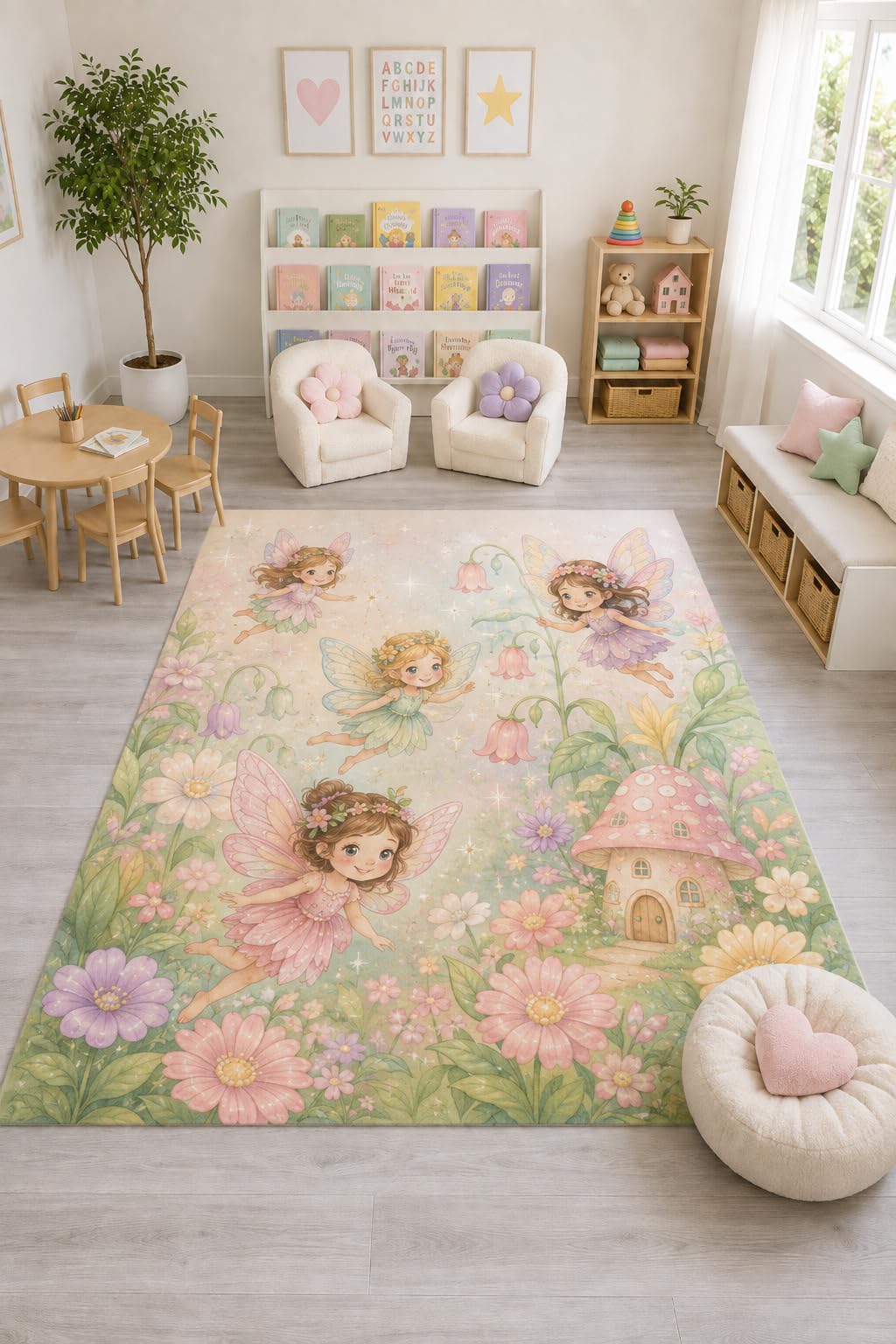ICE ARMOR "Ultra Light Weight Large 6'7" x 9'10" Flying Fairies Floral Rug, Soft Low Pile Indoor Rug, Non-Slip Silicone Backing for Kids Room Pastel