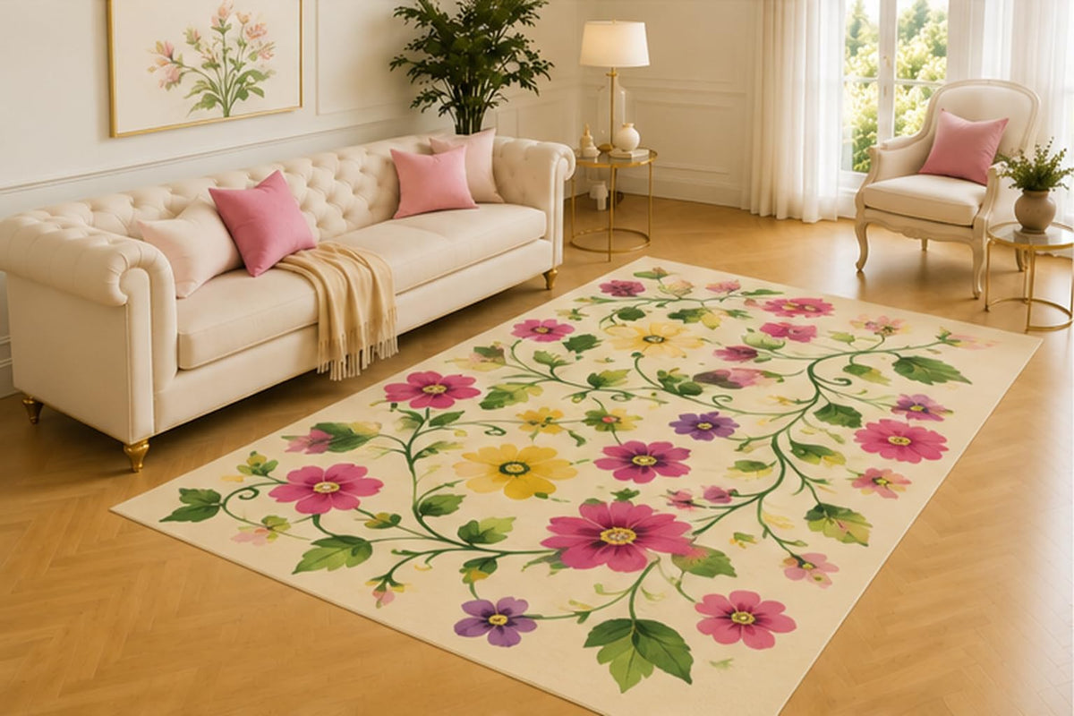 ICE ARMOR 5' x 7' Wildflower Vine Rug, Flowing Green Stems with Pink, Yellow and Purple Blossoms, Graceful Floor Decor for Bedroom, Hallway or Reading Area
