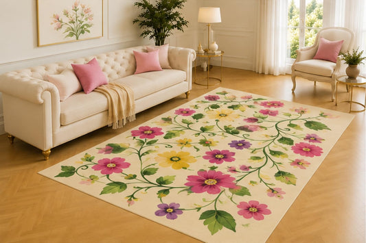 ICE ARMOR 5' x 7' Wildflower Vine Rug, Flowing Green Stems with Pink, Yellow and Purple Blossoms, Graceful Floor Decor for Bedroom, Hallway or Reading Area