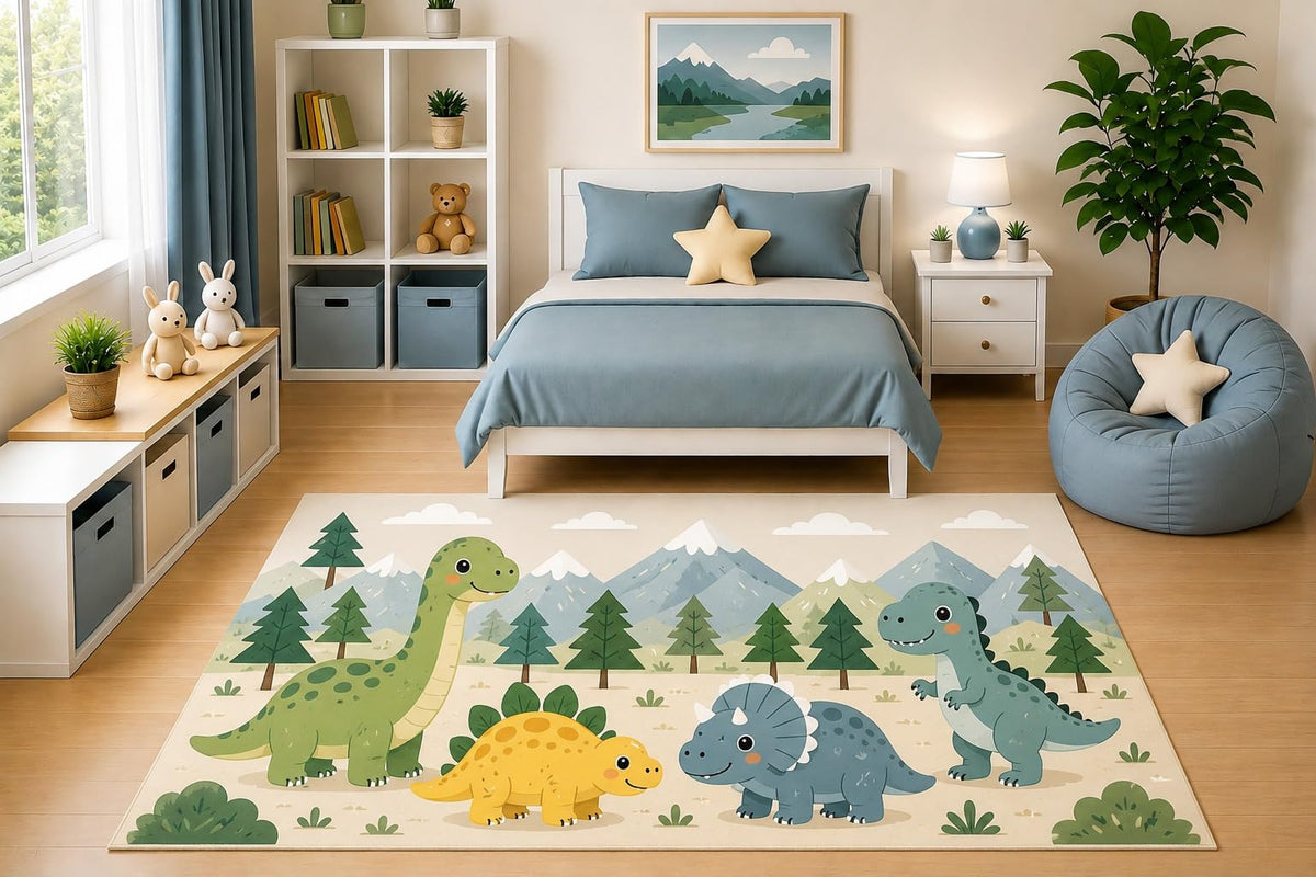 ICE ARMOR 5' x 7' Dinosaur Mountain Adventure Area Rug Cartoon Jurassic Landscape Nursery Bedroom Playroom Decor for Boys and Girls Non-Slip Silicone Backing Low Pile