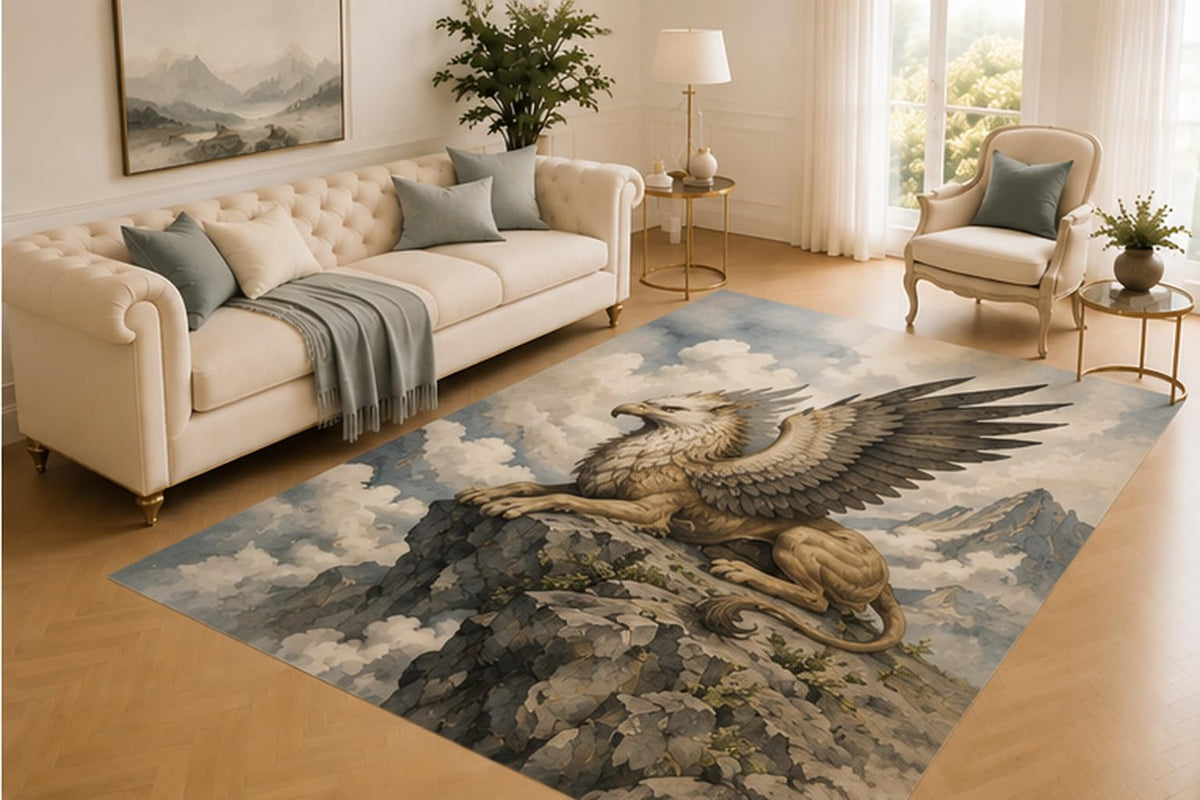 ICE ARMOR 5' x 7' Griffin Rug, Mythical Eagle Lion Resting on Rocky Cliffs Beneath Open Skies, Soft Floor Cover for Living Room, Bedroom, Game Room and Fantasy Decor