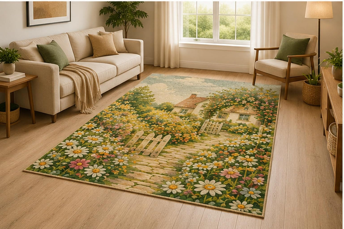 ICE ARMOR 5' x 7' Botanical Garden Wave Area Rug for Living Room, Soft Low Pile Indoor Rug with Non-Slip Silicone Backing, Decorative Carpet for Bedroom, Office, Family Room, Nursery,