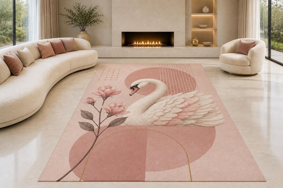 ICE ARMOR "Ultra Lightweight Large 6'7" x 9'10" Elegant Swan Blossom Area Rug for Living Room, Bedroom and Home Office, Soft Low Pile Carpet with Non-Slip Silicone Backing, Pink and Cream