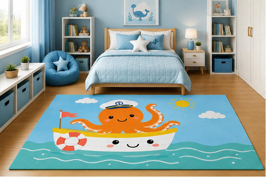 ICE ARMOR 5' x 7' Cute Captain Octopus Boat Area Rug for Kids Bedroom Nursery Playroom Scandinavian Minimalist Ocean Animal Coastal Decor Non-Slip Silicone Backing Low Pile