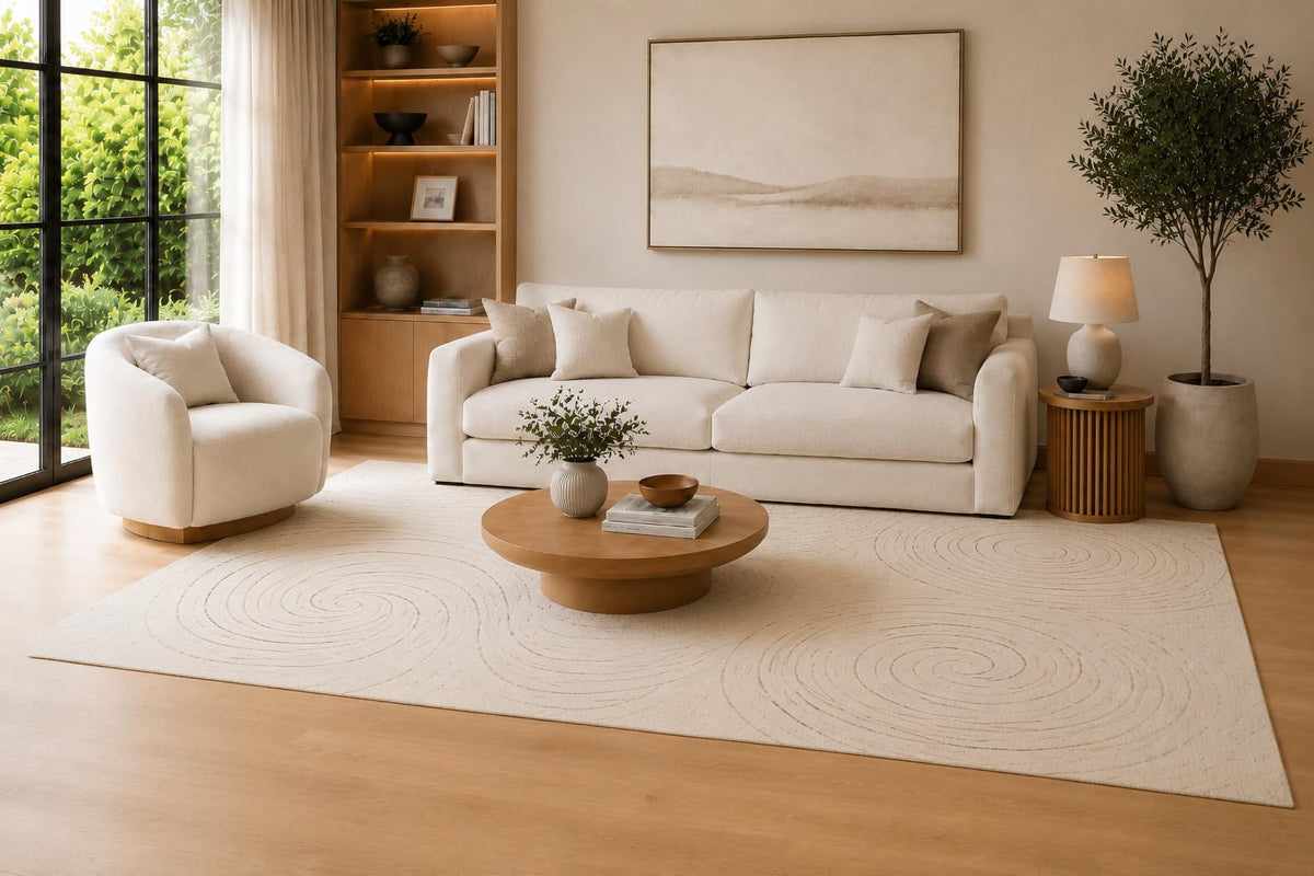 ICE ARMOR Large 6'7" x 9'10" Cream and Beige Spiral Circles Area Rug for Living Room, Soft Low Pile Carpet with Non-Slip Silicone Backing, Decor for Bedroom, Dining Area and Home Office