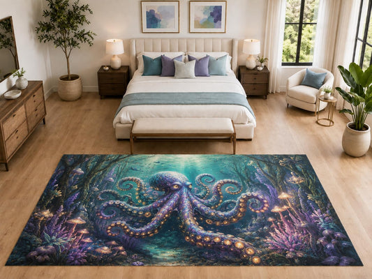 ICE ARMOR "Ultra Light Weight Large 6'7" x 9'10" Octopus Forest Rug Bedroom, Soft Low Pile Indoor Rug and Non-Slip Silicone Backing, Teal Purple