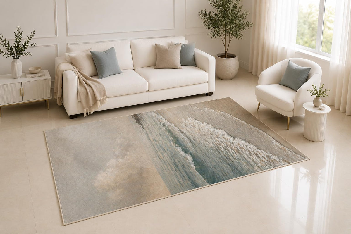 ICE ARMOR 5' x 7' Coastal Ocean Wave Area Rug, Abstract Seascape Beach Water Design for Living Room Bedroom Office Decor, Non-Slip Silicone Backing Low Pile