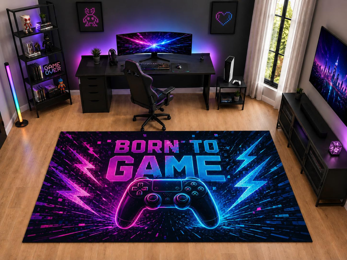 ICE ARMOR "Ultra Light Weight Large 6'7" x 9'10" Born to Game Controller Area Rug for Kids Room Playroom, Soft Low Pile Indoor Rug and Non-Slip Silicone Backing, Black