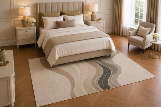 ICE ARMOR 5' x 7' Abstract Flowing Waves Area Rug, Modern Neutral Organic Lines Living Room Bedroom Office Decor, Non-Slip Silicone Backing Low Pile Carpet
