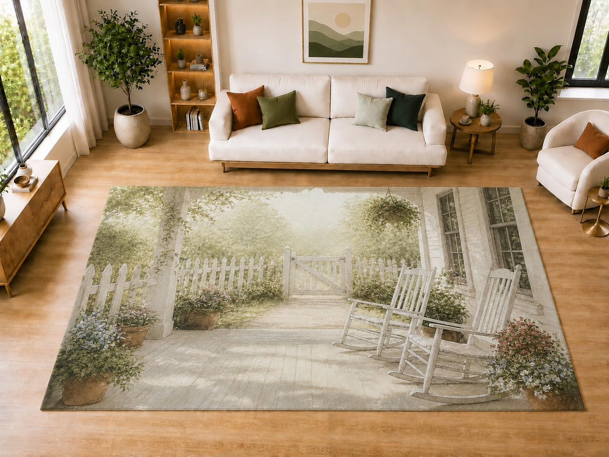 ICE ARMOR "Ultra Light Weight Large 6'7" x 9'10" Farmhouse Porch Garden Area Rug for Dining, Living Room, Bedroom, Soft Low Pile Indoor Rug with Non-Slip Silicone Backing, Cream Green