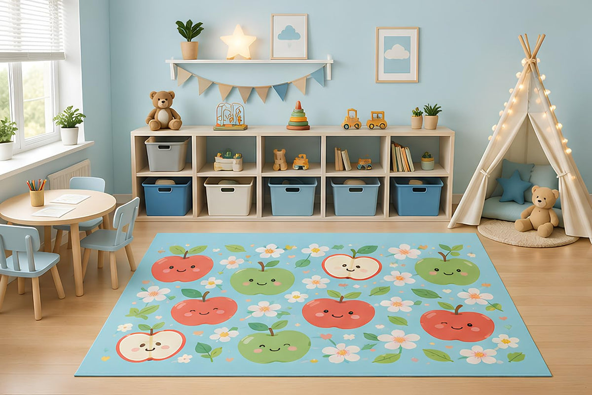 ICE ARMOR 5' x 7' Happy Apple Orchard Area Rug for Kids Playroom Nursery Bedroom, Cute Fruit Blossom Cartoon Educational Carpet, Non-Slip Silicone Backing Low Pile