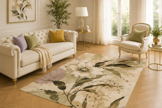 ICE ARMOR 5' x 7' Abstract Watercolor Blossom Area Rug for Living Room, Soft Low Pile Indoor Carpet with Non-Slip Backing for Bedroom, Dining Room, Office, Olive