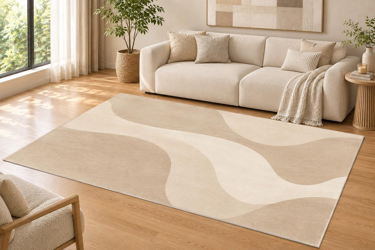 ICE ARMOR 5' x 7' Abstract Flowing Wave Area Rug for Living Room, Soft Low Pile Indoor Rug with Non-Slip Silicone Backing, Decorative Carpet for Bedroom, Office, Family Room, Beige