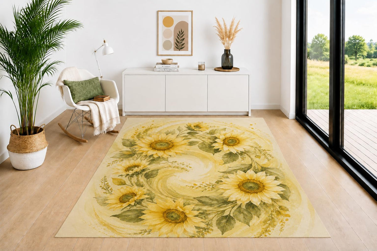 ICE ARMOR 5' x 7' Sunflower Floral Area Rug for Living Room, Soft Low Pile Indoor Rug with Non-Slip Backing, Rustic Carpet for Bedroom, Dining Room, Office, Yellow Green