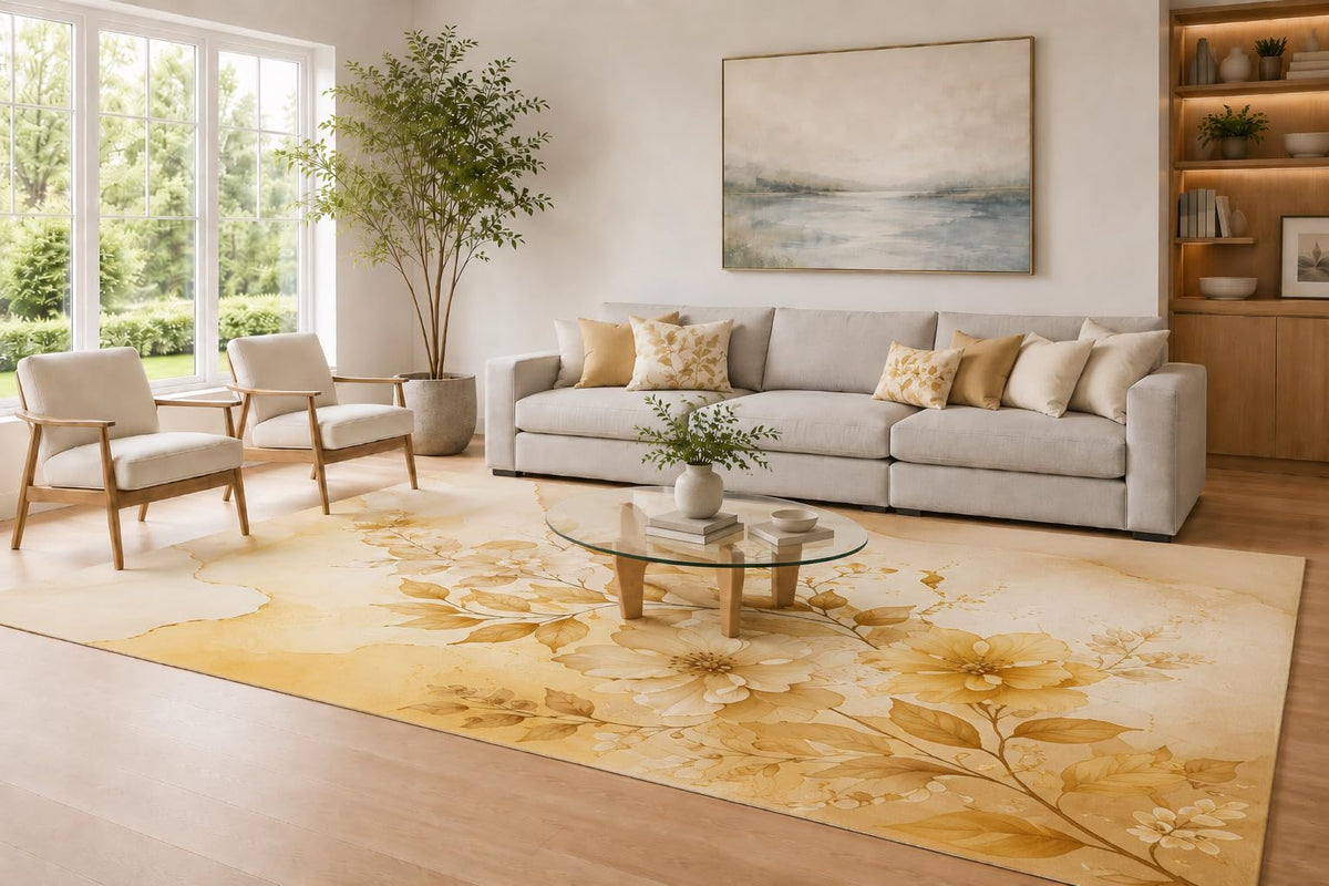 ICE ARMOR Large 6'7" x 9'10" Mustard Yellow and Cream Flower Field Area Rug for Living Room, Soft Low Pile Carpet with Non-Slip Silicone Backing, Decor for Bedroom and Home Office