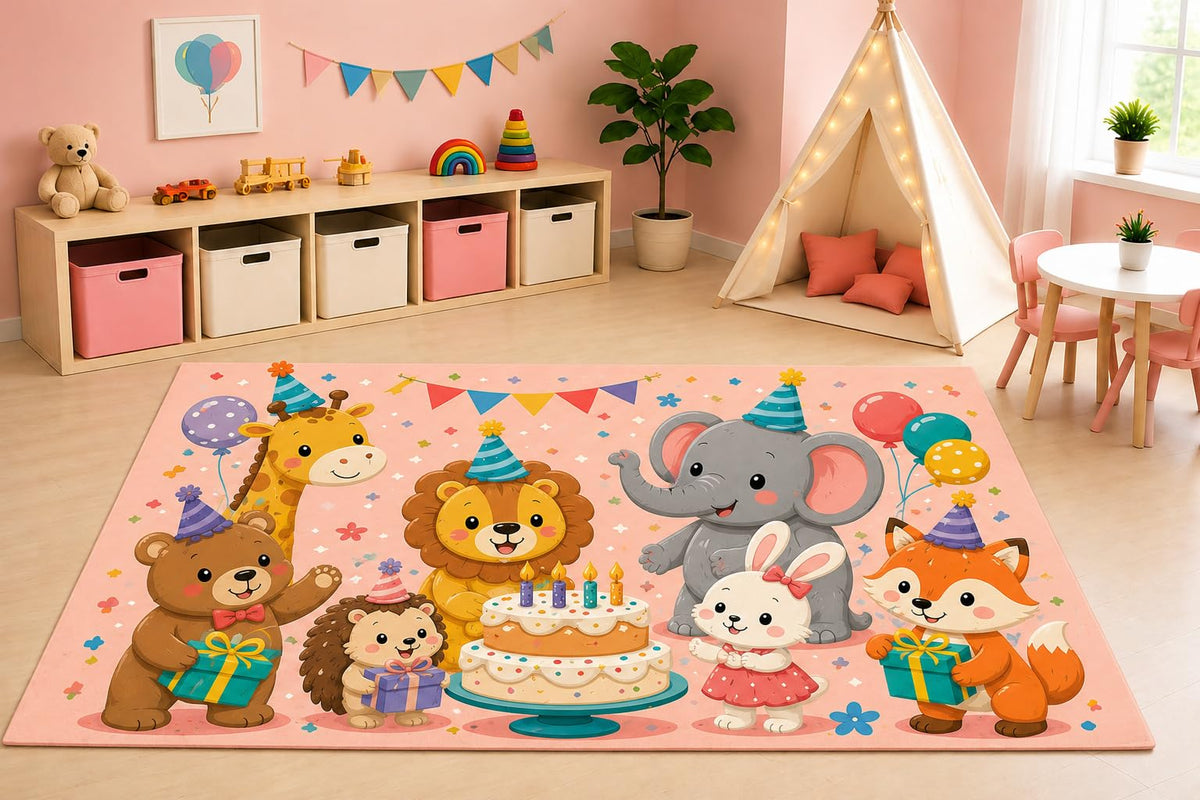 ICE ARMOR 5' x 7' Animal Birthday Party Area Rug for Kids Playroom Nursery Bedroom, Bear Lion Elephant Fox Bunny Birthday Cake Balloons Cartoon Decor, Non-Slip Silicone Backing Low Pile