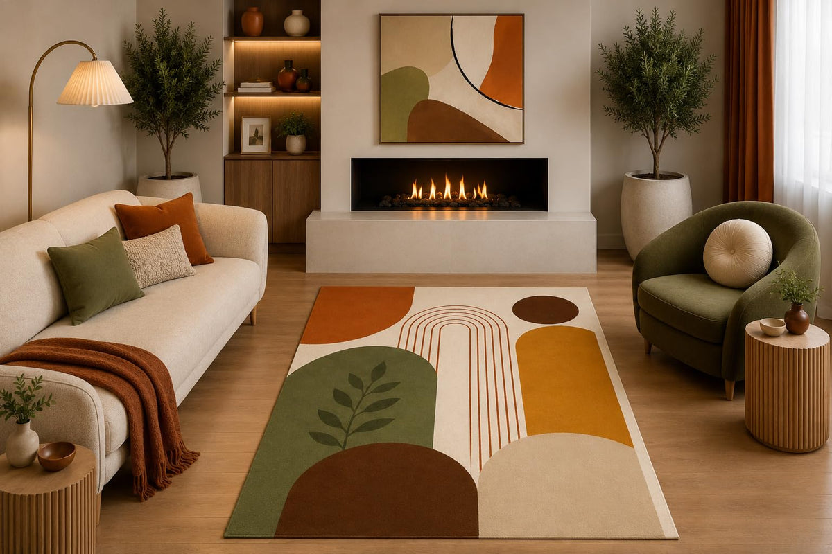 ICE ARMOR 5' x 7' Mid Century Modern Area Rug Olive Green Rust Mustard Botanical Arch Design for Living Room Bedroom Dining Room Office Non-Slip Silicone Backing Low Pile