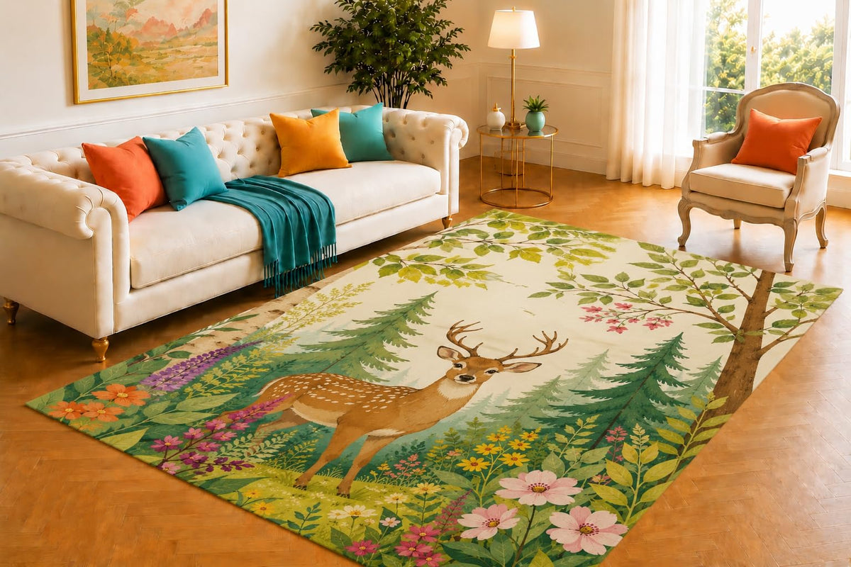 ICE ARMOR 5' x 7' Woodland Deer Forest Area Rug, Soft Low Pile Non-Slip Indoor Carpet for Living Room, Bedroom, Cabin, Lodge, Family Room and Rustic Nature Home Decor, Brown