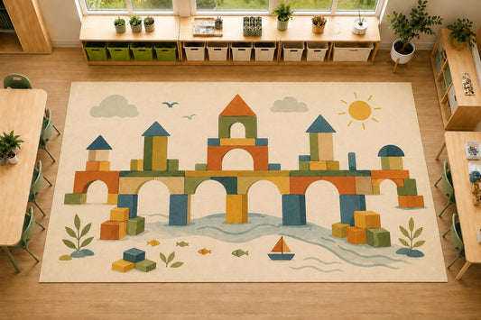 ICE ARMOR Large 6'7" x 9'10" Building Blocks Castle Area Rug, Soft Low Pile Indoor Rug with Non-Slip Silicone Backing for Kids Room Playroom, Beige