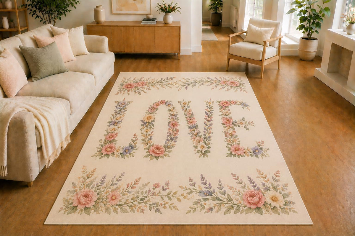 ICE ARMOR 5' x 7' Floral Letter Love Area Rug, Soft Low Pile Indoor Rug with Non-Slip Silicone Backing for Living Room, Bedroom, Dining Room, Family Room, Cream Pink Lavender