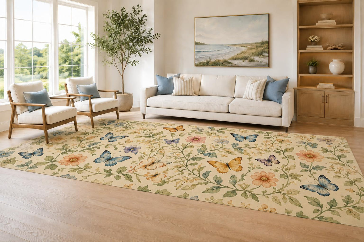 ICE ARMOR Large 6'7" x 9'10" Cream and Sage Botanical Butterfly Area Rug for Living Room, Soft Low Pile Carpet with Non-Slip Silicone Backing, Decor for Bedroom and Home Office