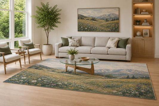ICE ARMOR Large 6'7" x 9'10" Olive Green and Blue Meadow Peaks Area Rug for Living Room, Soft Low Pile Carpet with Non-Slip Silicone Backing, Decor for Bedroom and Home Office