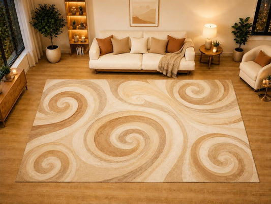 ICE ARMOR "Ultra Light Weight Large 6'7" x 9'10" Spiral Swirl Motif Area Rug for Living Room, Bedroom, Dining Room, Soft Low Pile Non-Slip Backing, Wheat Cream