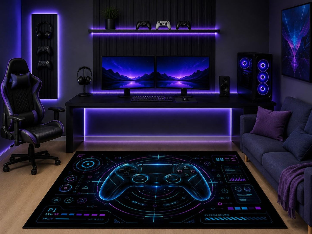 ICE ARMOR 5' x 7' Sci Fi HUD Gaming Controller Area Rug Futuristic Digital Interface Art Gamer Bedroom Game Room Office Decor Non-Slip Silicone Backing Low Pile