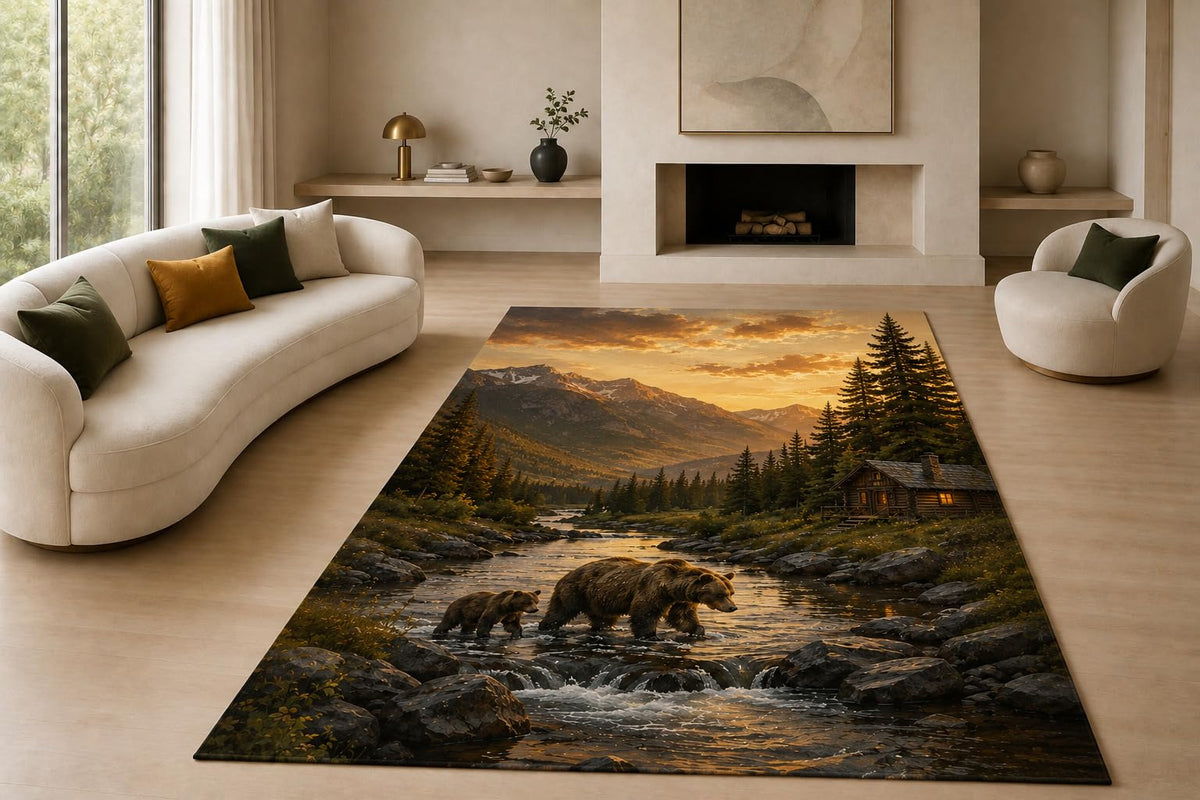 ICE ARMOR "Ultra Lightweight Large 6'7" x 9'10" Mountain Bear Family Area Rug for Living Room, Bedroom and Home Office, Soft Low Pile Carpet with Non-Slip Silicone Backing, Brown and Green