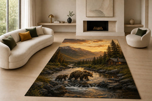 ICE ARMOR "Ultra Lightweight Large 6'7" x 9'10" Mountain Bear Family Area Rug for Living Room, Bedroom and Home Office, Soft Low Pile Carpet with Non-Slip Silicone Backing, Brown and Green