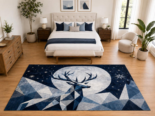ICE ARMOR "Ultra Light Weight Large 6'7" x 9'10" Moon Deer Area Rug Carpet Soft Low Pile Indoor Rug and Non-Slip Silicone Backing Bedroom Navy Blue