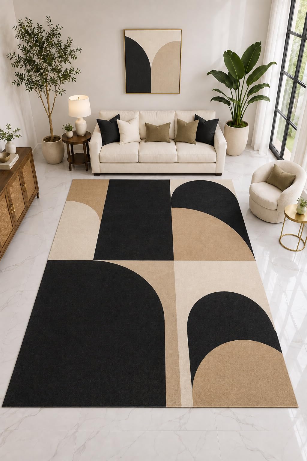 ICE ARMOR "Ultra Light Weight Large 6'7" x 9'10" Black Beige Arch Rug, Soft Low Pile Indoor Rug, Non-Slip Silicone Backing for Living Room Black