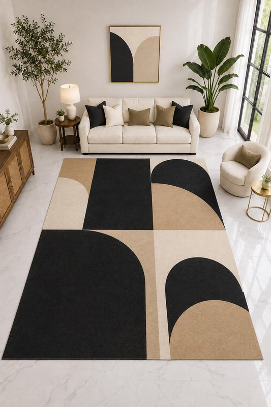 ICE ARMOR "Ultra Light Weight Large 6'7" x 9'10" Black Beige Arch Rug, Soft Low Pile Indoor Rug, Non-Slip Silicone Backing for Living Room Black