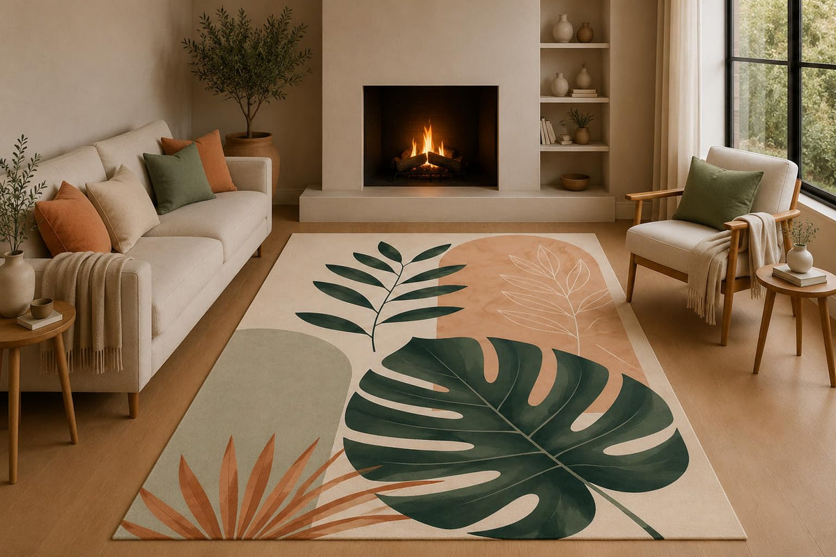 ICE ARMOR 5' x 7' Tropical Botanical Area Rug with Non-Slip Silicone Backing Low Pile Soft Carpet for Living Room Bedroom Monstera Palm Leaf Decor