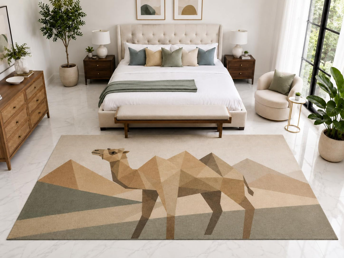 ICE ARMOR "Ultra Light Weight Large 6'7" x 9'10" Geometric Camel Rug, Soft Low Pile Indoor Rug, Non-Slip Silicone Backing for Bedroom Tan Sage