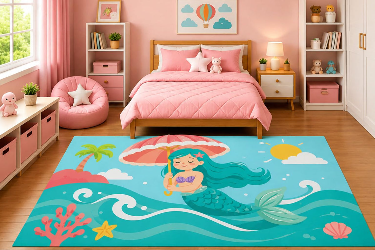 ICE ARMOR 5' x 7' Minimalist Mermaid with Seashell Umbrella Area Rug for Girls Bedroom Nursery Playroom Scandinavian Coastal Beach Ocean Decor Non-Slip Silicone Backing Low Pile