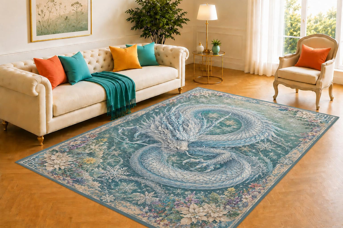 ICE ARMOR 5' x 7' Ice Dragon Rug, Frosted Mythical Serpent with Snowflakes and Winter Foliage, Soft Floor Cover for Living Room, Bedroom, Game Room and Fantasy Decor
