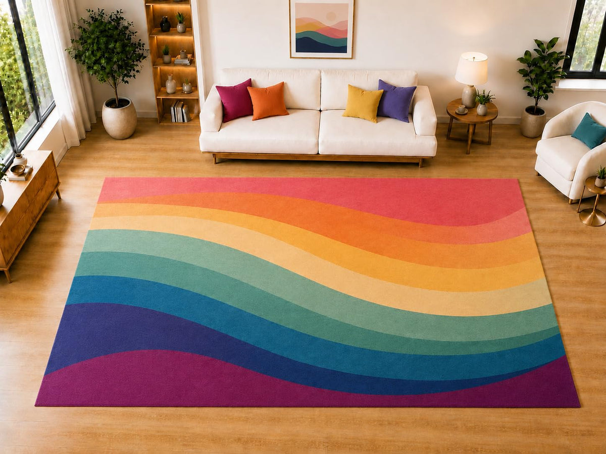 ICE ARMOR "Ultra Light Weight Large 6'7 x 9'10 Retro Rainbow Waves Area Rug for Living Room, Dining Room, and Bedroom, Soft Low Pile Indoor Rug, Vibrant Floor Decor