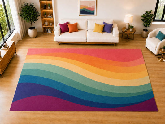 ICE ARMOR "Ultra Light Weight Large 6'7 x 9'10 Retro Rainbow Waves Area Rug for Living Room, Dining Room, and Bedroom, Soft Low Pile Indoor Rug, Vibrant Floor Decor