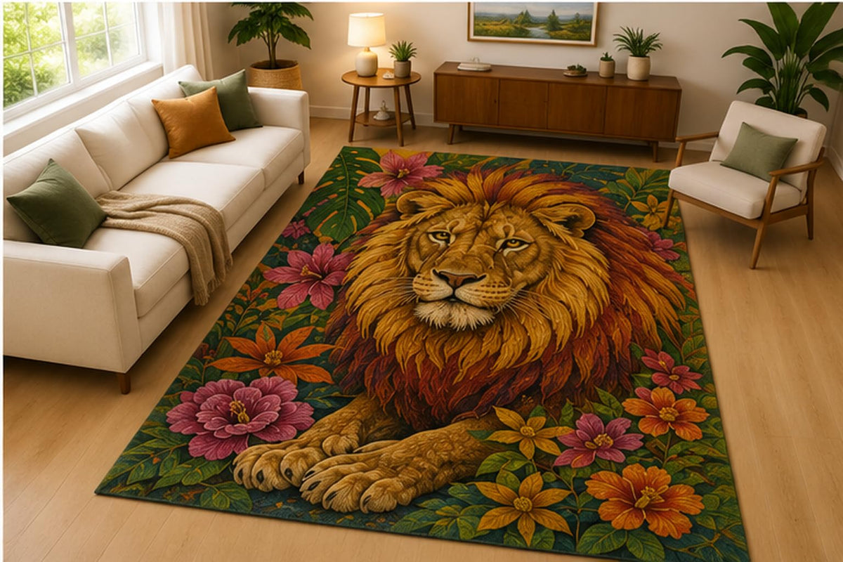 ICE ARMOR 5' x 7' Lion Floral Jungle Area Rug Soft Low Pile Indoor Rug with Non Slip Silicone Backing Wildlife Animal Decor Carpet for Living Room Bedroom Family Room Kids and Pets Green