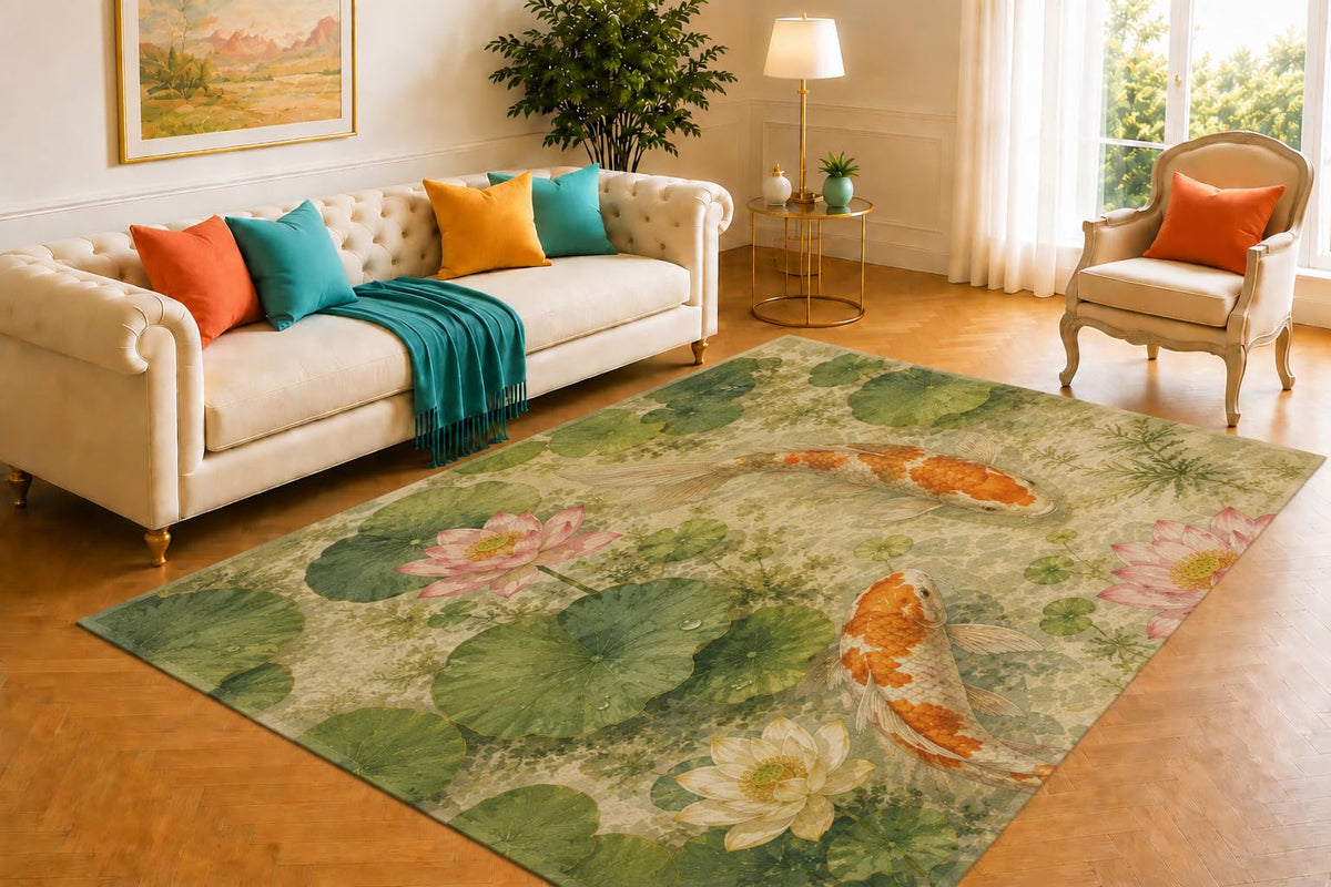 ICE ARMOR 5' x 7' Koi Fish Rug, Two Orange and White Fish Swimming Among Lotus Flowers, Soft Floor Cover for Living Room, Bedroom, Office and Serene Pond Decor