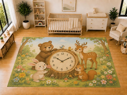 ICE ARMOR "Ultra Light Weight Large 6'7 x 9'10 Woodland Clock Animals Area Rug for Kids Room Nursery Playroom Soft Low Pile Indoor Carpet Learning Time Floor Decor